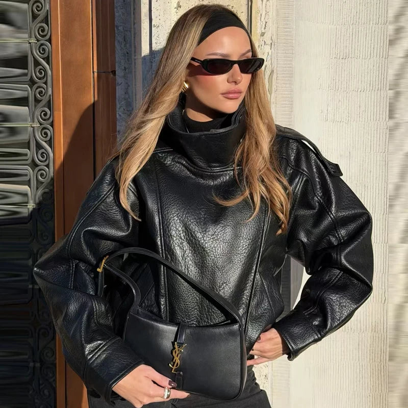Faux Leather Cropped Bomber Jacket