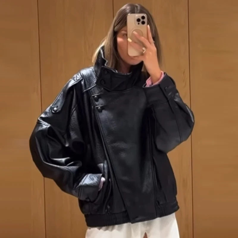 Faux Leather Cropped Bomber Jacket